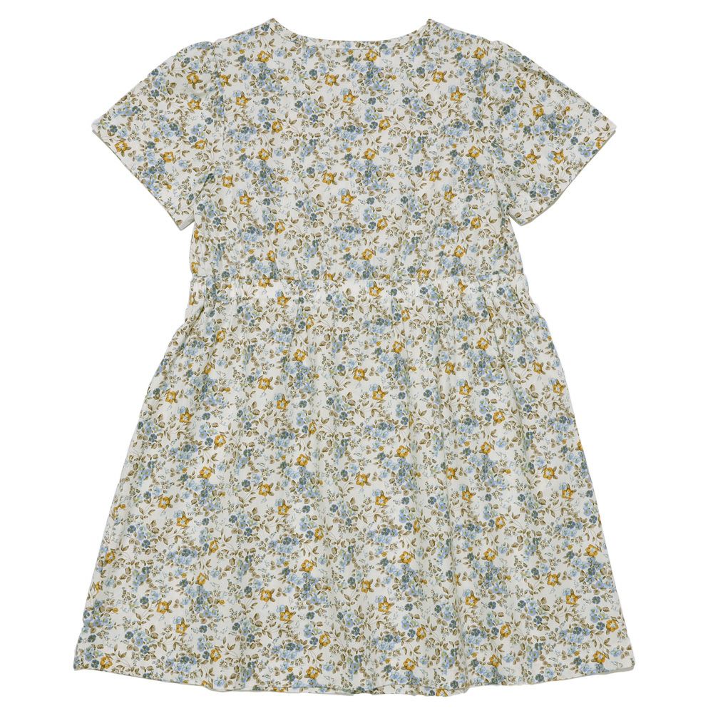 ベビー服 女の子 綿100％ 小花柄 ボタン開き ワンピース ブルー(61) 背面