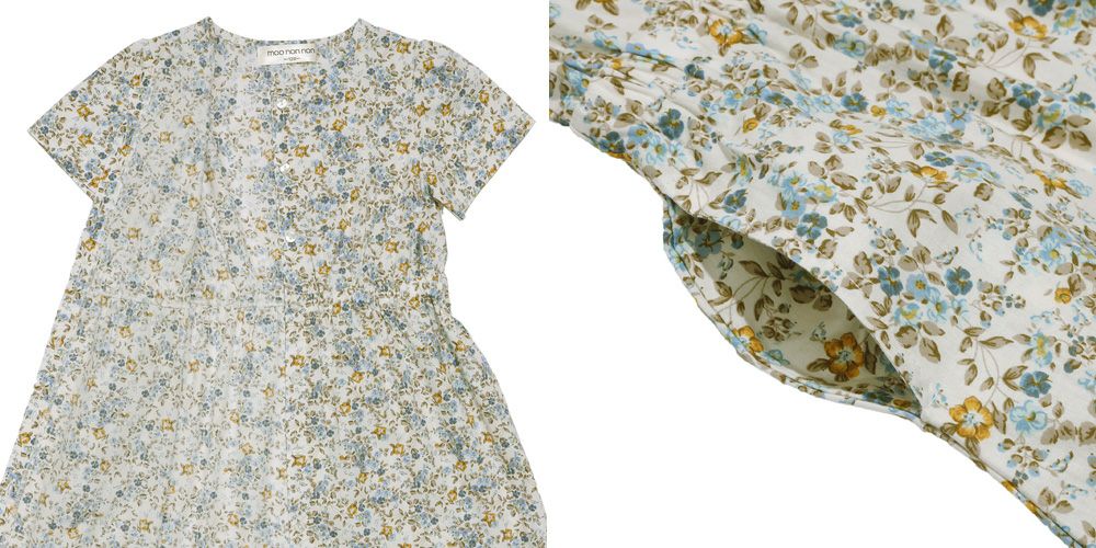 ベビー服 女の子 綿100％ 小花柄 ボタン開き ワンピース ブルー(61) デザインポイント2