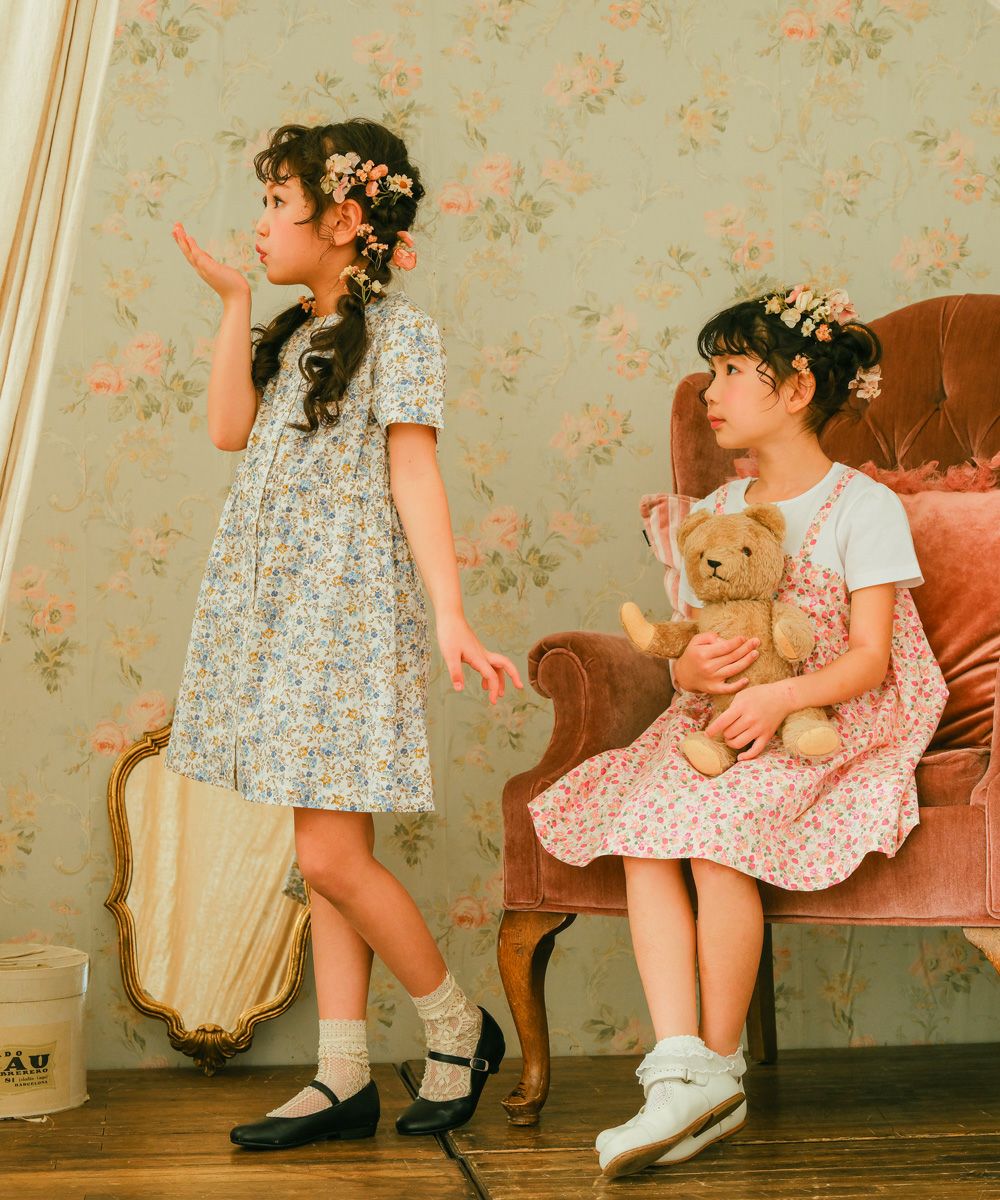 ベビー服 女の子 綿100％ 小花柄 ボタン開き ワンピース ブルー(61) モデル画像3