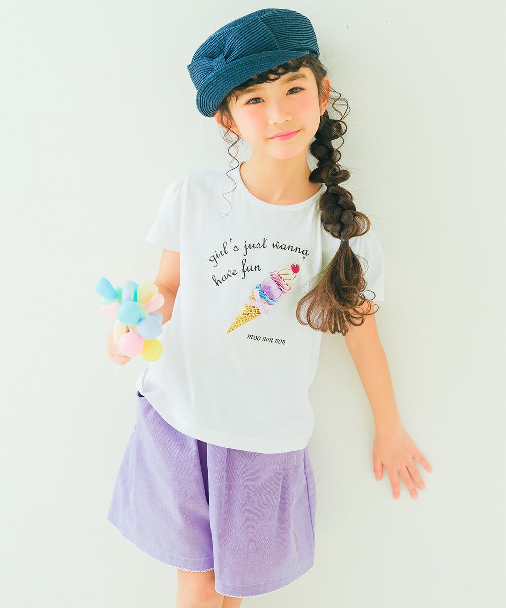 子供服 女の子 ダンガリー 音符刺繍 キュロット パープル(91) モデル画像2