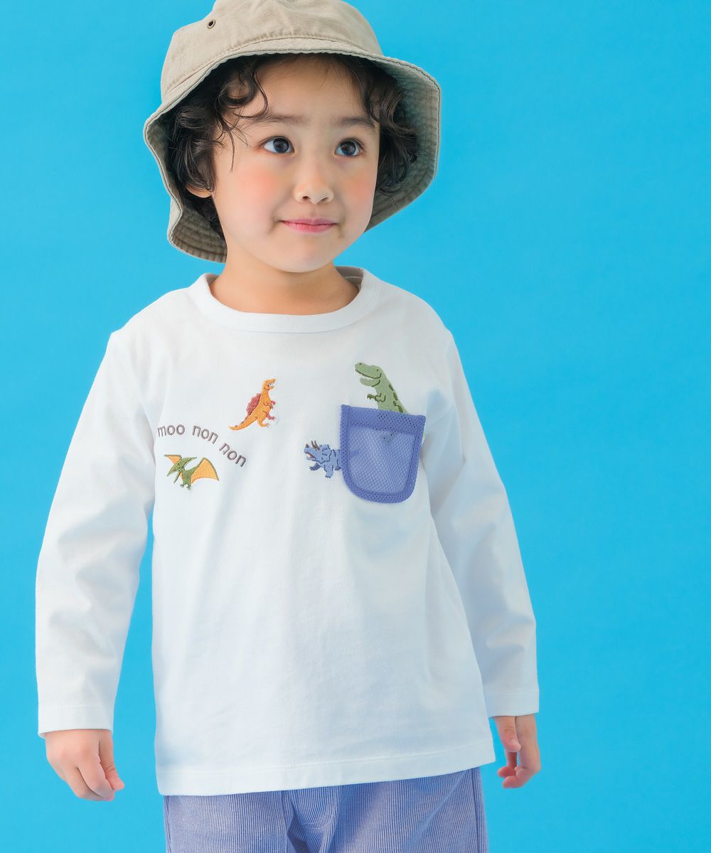 【a.新品未使用未開封】familiar 恐竜刺繍 Tシャツ 110サイズ 福袋クーポン対象】恐竜 刺繍 ポケット付き 長袖Tシャツ｜ベビー・子供