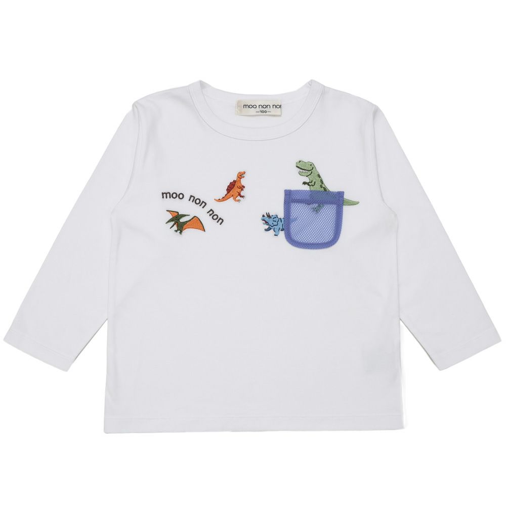 ベビー服 男の子 メッシュポケット付き 恐竜 刺繍 長袖 Tシャツ オフホワイト(11) 正面