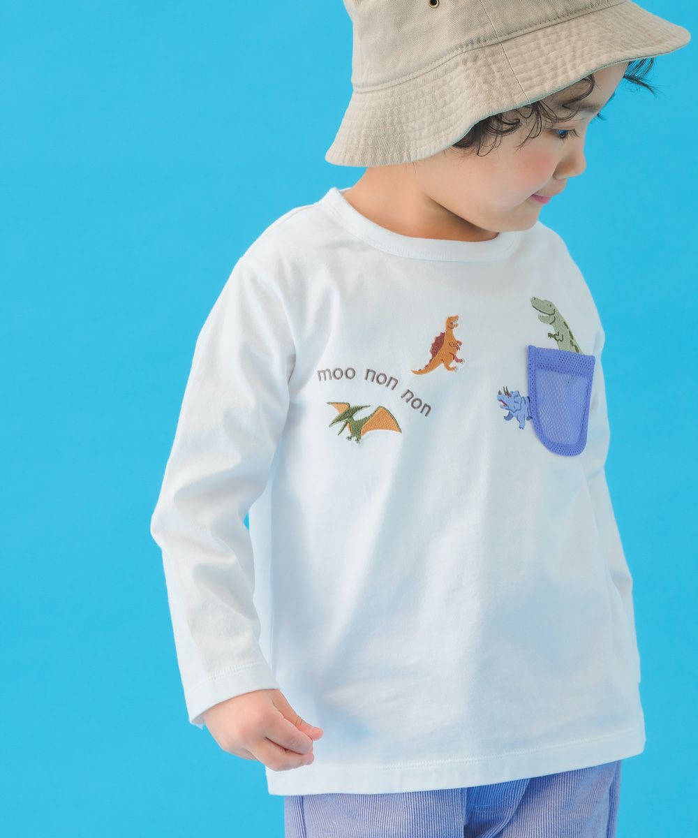 ベビー服 男の子 メッシュポケット付き 恐竜 刺繍 長袖 Tシャツ オフホワイト(11) モデル画像アップ