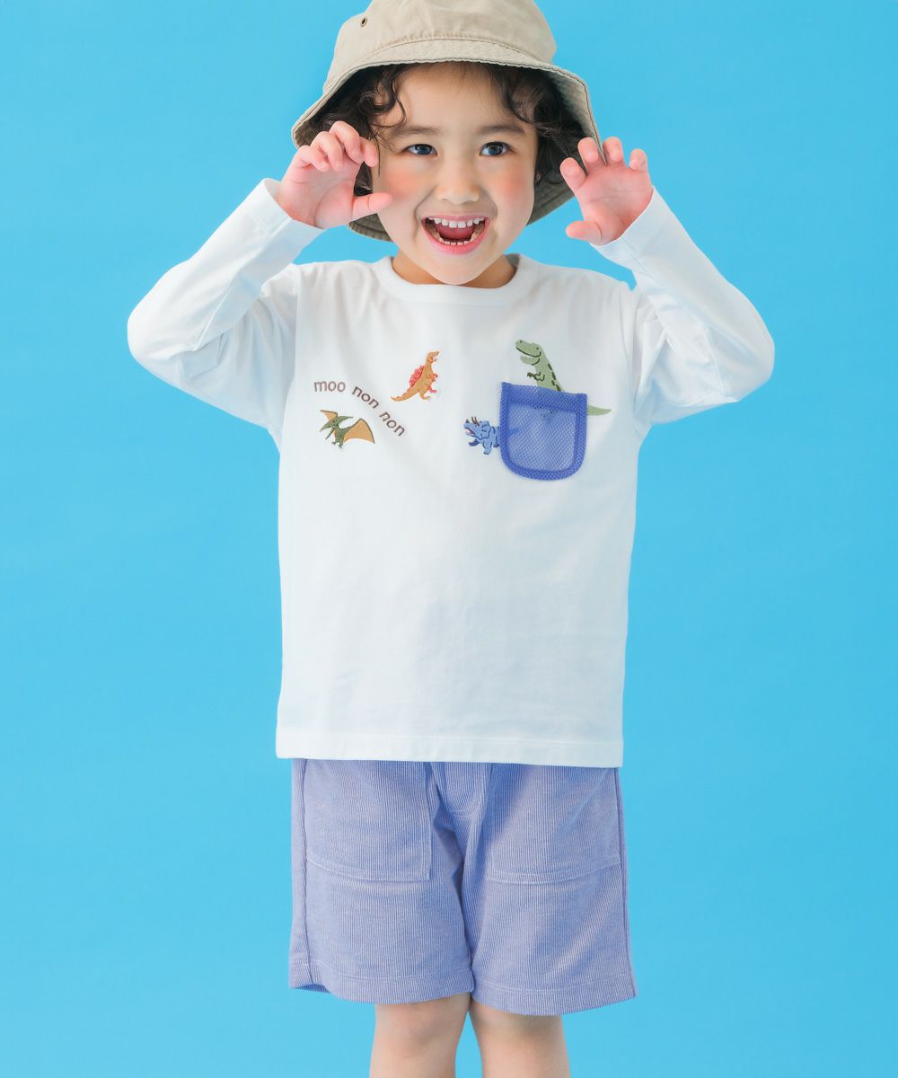 ベビー服 男の子 メッシュポケット付き 恐竜 刺繍 長袖 Tシャツ オフホワイト(11) モデル画像全身