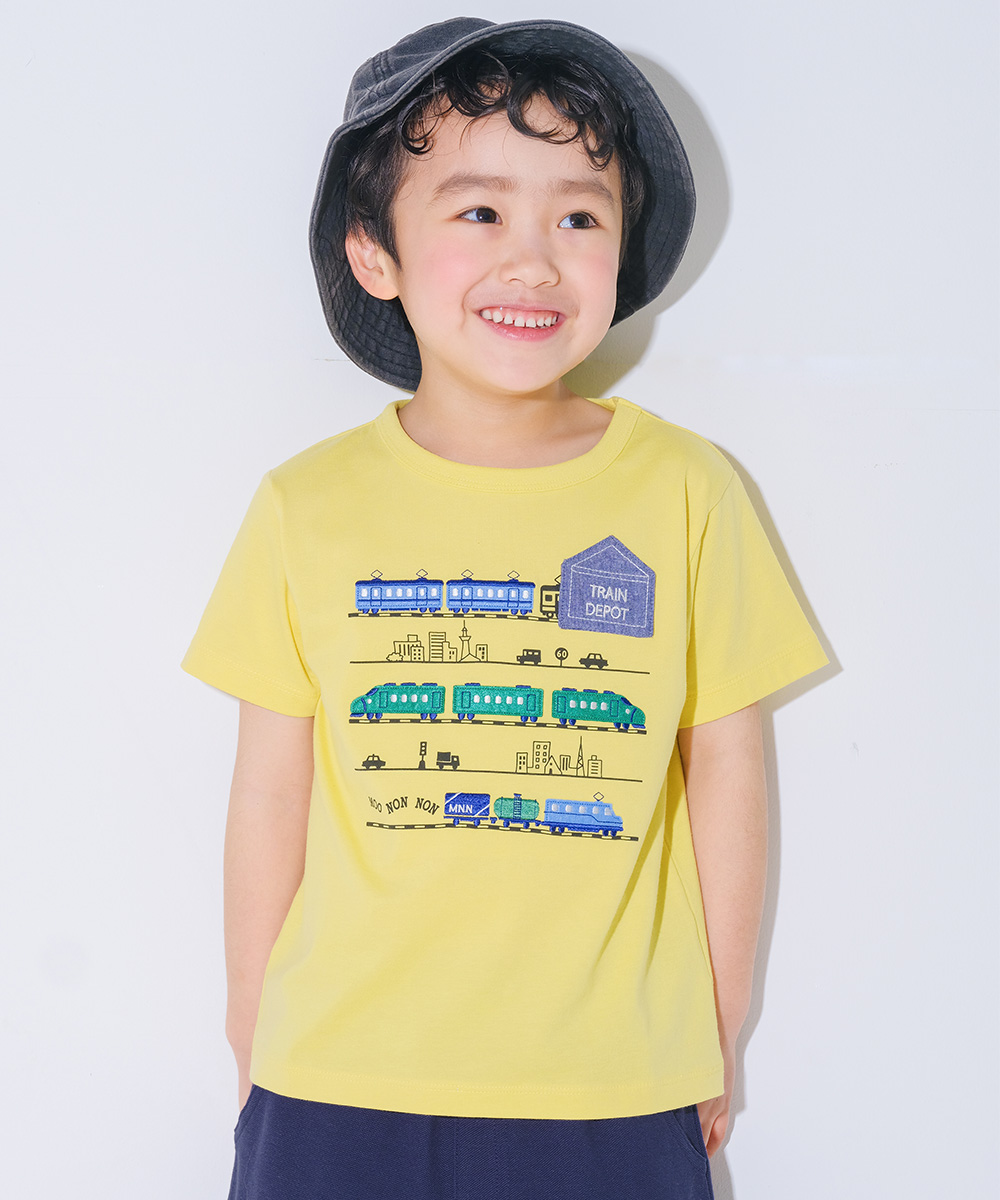 ベビー服 男の子 綿100％ 電車 ポケット 半袖 Tシャツ オフホワイト(11) 正面