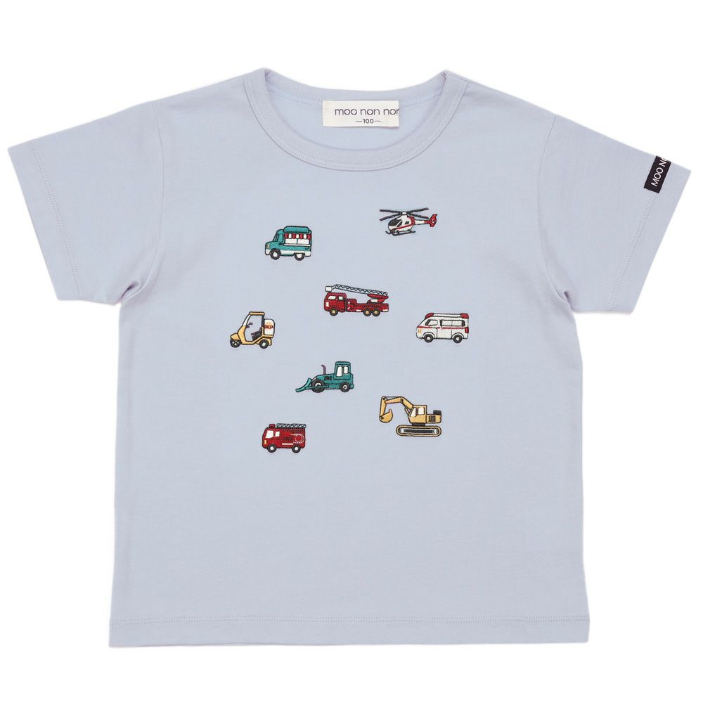ベビー服 男の子 綿100％ 乗り物 刺繍 袖ロゴアップリケ Tシャツ ブルー(61) 正面