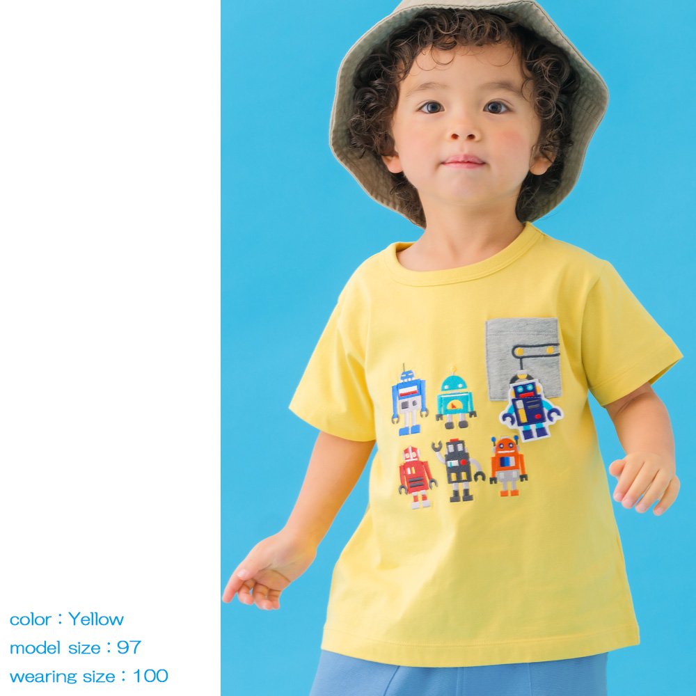 ベビー服 男の子 綿100％ ロボット 刺繍 半袖 Tシャツ イエロー(04) デザインポイント1