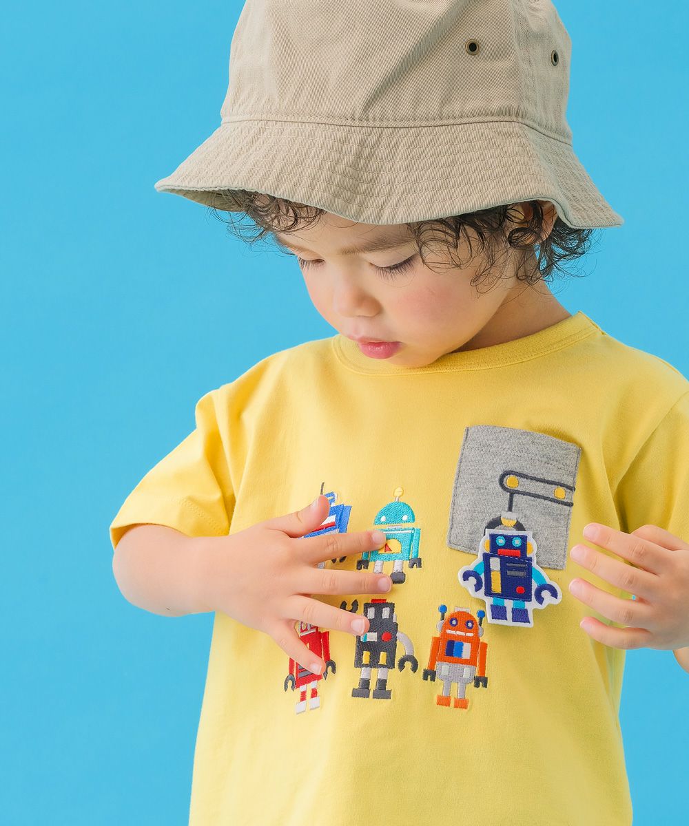 ベビー服 男の子 綿100％ ロボット 刺繍 半袖 Tシャツ イエロー(04) モデル画像アップ