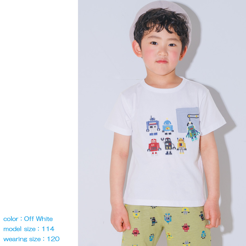 ベビー服 男の子 綿100％ ロボット 刺繍 半袖 Tシャツ イエロー(04) モデル画像アップ