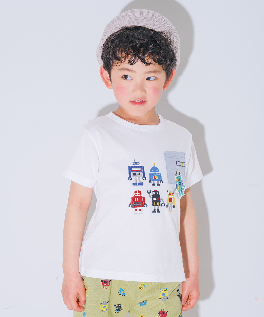 ベビー服 男の子 綿100％ ロボット 刺繍 半袖 Tシャツ オフホワイト(11) 正面