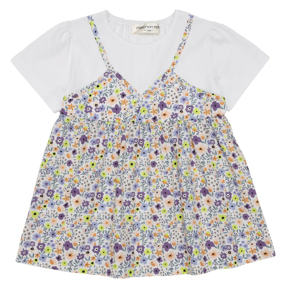 ベビー服 女の子 綿100％ 小花柄 重ね着風 Tシャツ パープル(91) 正面
