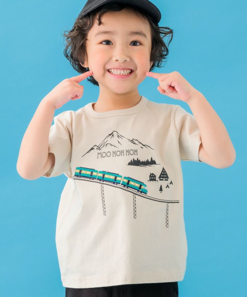 ベビー服 男の子 綿100％ 電車 アップリケ ＆ 山 モチーフ Tシャツ