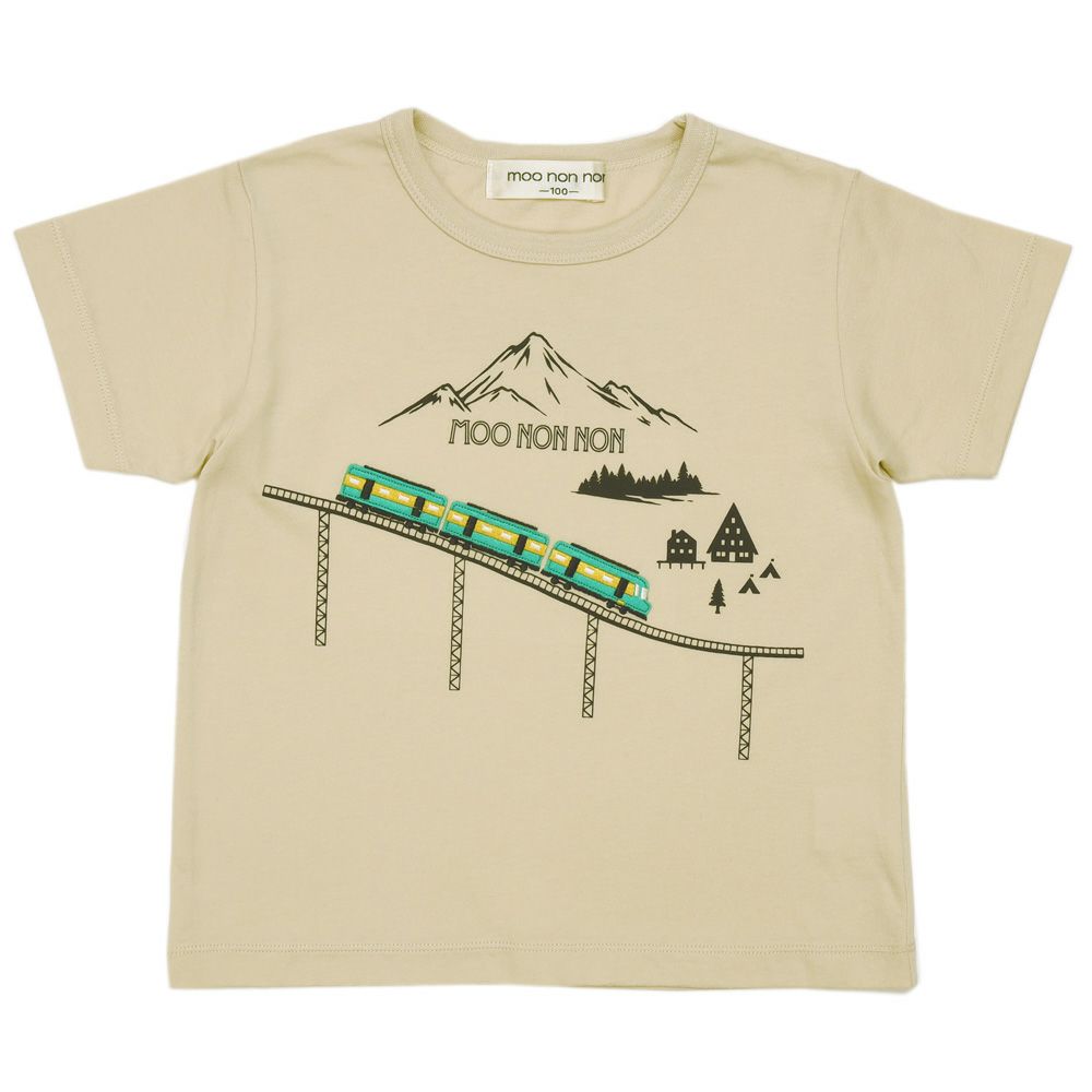ベビー服 男の子 綿100％ 電車 アップリケ ＆ 山 モチーフ Tシャツ ベージュ(51) 正面