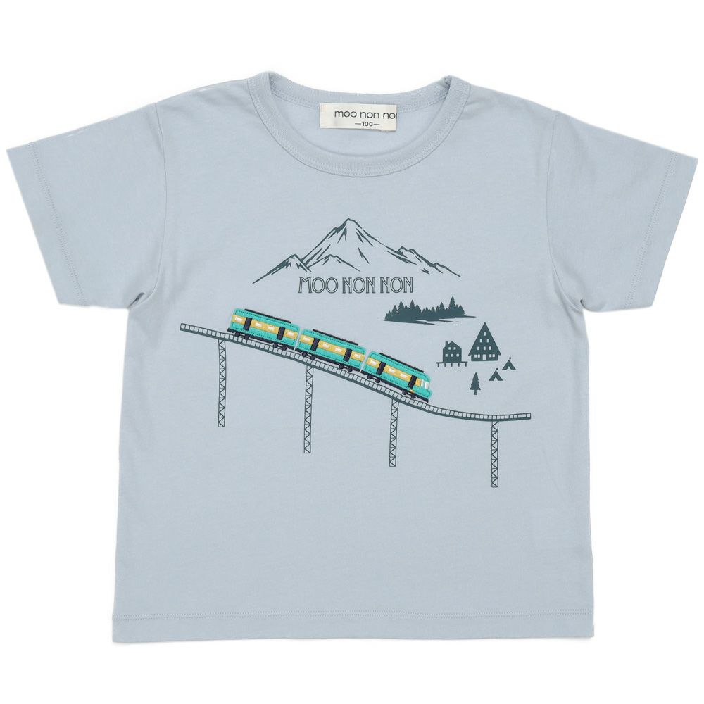 ベビー服 男の子 綿100％ 電車 アップリケ ＆ 山 モチーフ Tシャツ ブルー(61) 正面