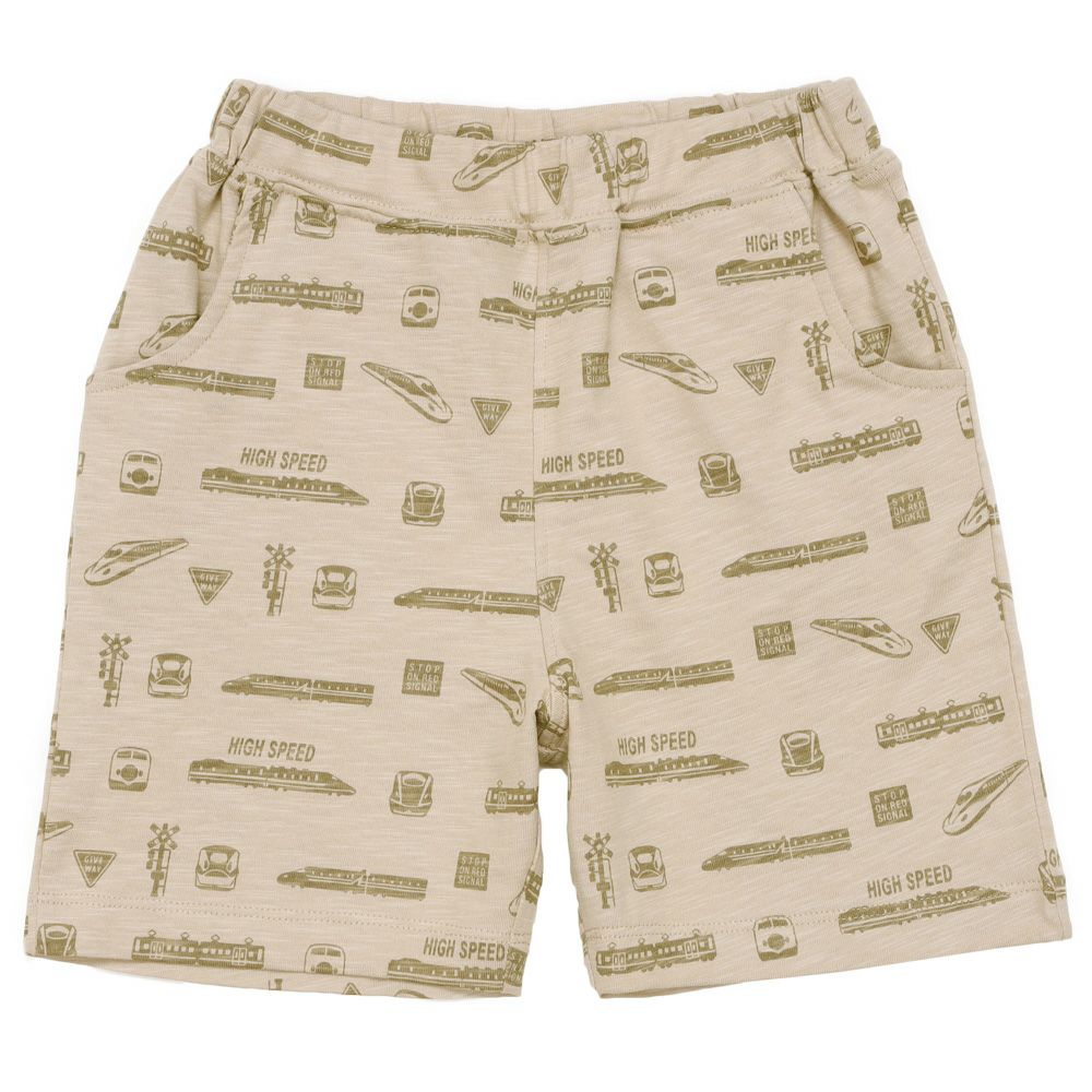 ベビー服 男の子 綿100％ 電車 プリント ハーフ丈 パンツ ベージュ(51) 正面