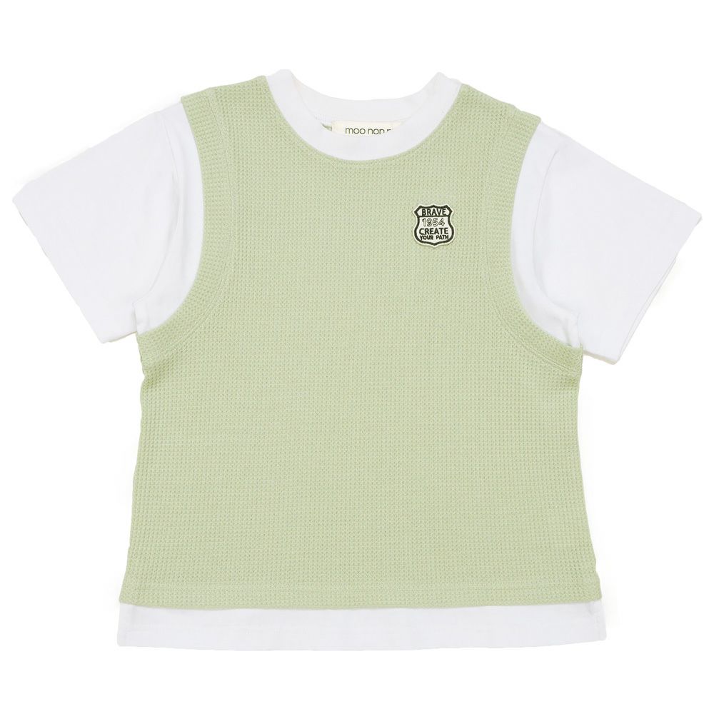 子供服 男の子 ワッフル素材 ベスト 重ね着風 Tシャツ グリーン(08) 正面