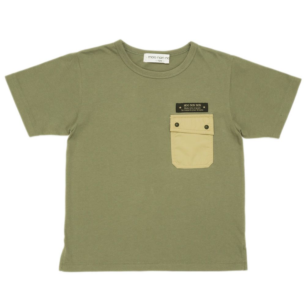 子供服 男の子 ロゴアップリケ ＆ フタつき ポケット Tシャツ カーキ(82) 正面