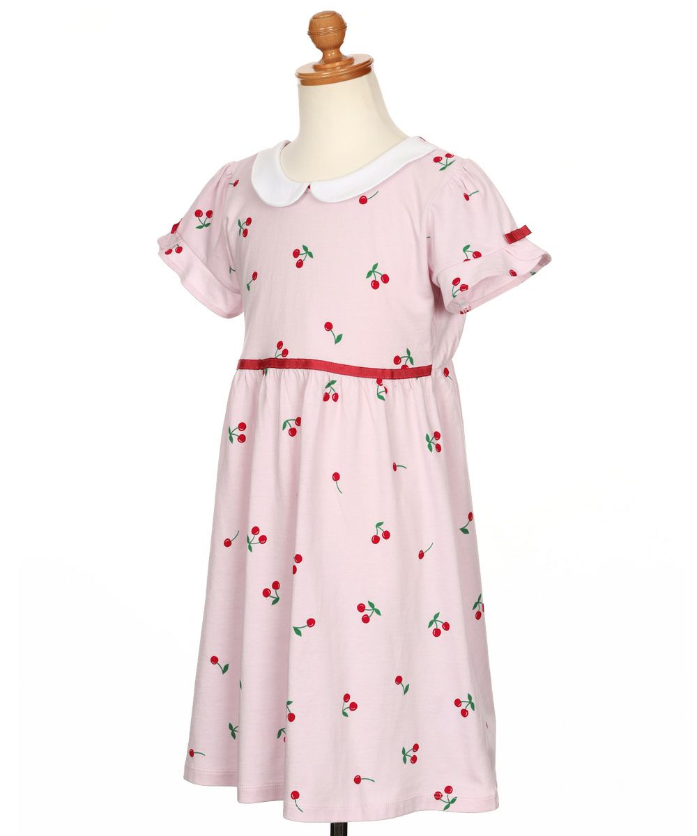 ベビー服 女の子 襟付き さくらんぼ リボン ワンピース ピンク(02) トルソー斜め