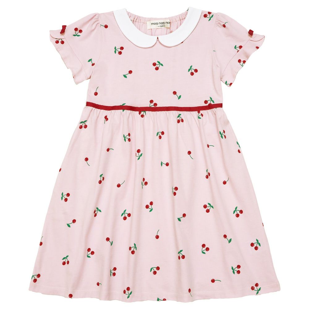 ベビー服 女の子 襟付き さくらんぼ リボン ワンピース ピンク(02) 正面