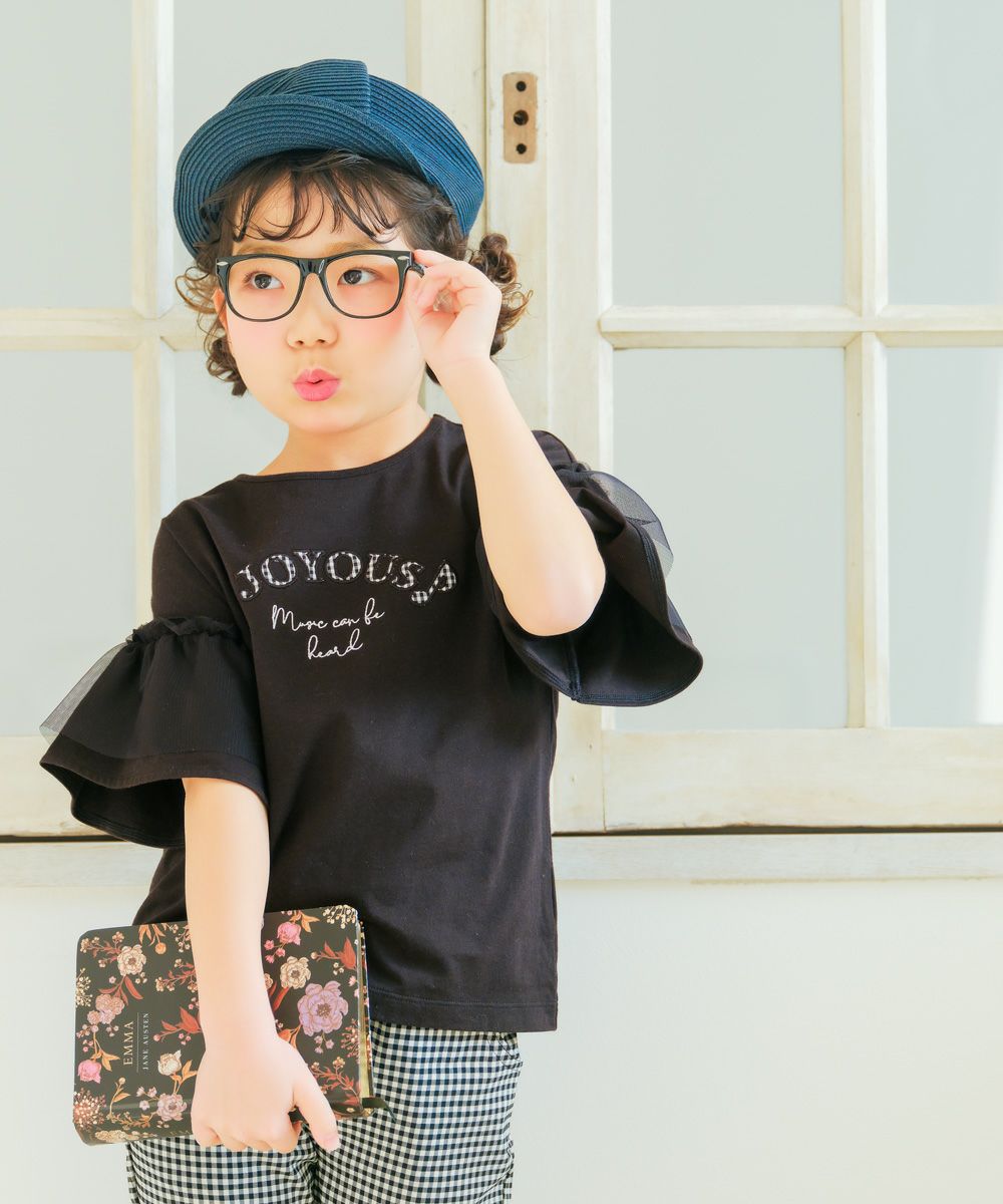 子供服 女の子 ロゴアップリケ チュール 半袖 Tシャツ ブラック(00) モデル画像アップ