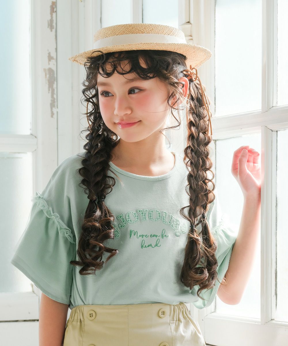 子供服 女の子 ロゴアップリケ チュール 半袖 Tシャツ グリーン(08) モデル画像