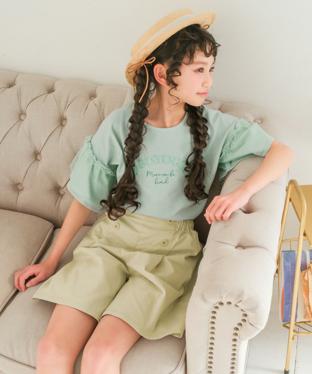 子供服 女の子 ロゴアップリケ チュール 半袖 Tシャツ グリーン(08) モデル画像