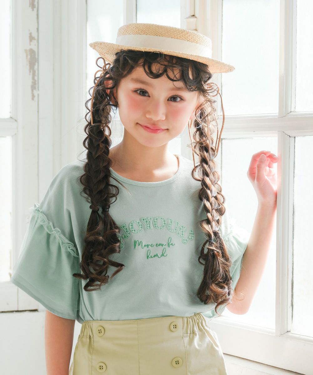 子供服 女の子 ロゴアップリケ チュール 半袖 Tシャツ グリーン(08) モデル画像