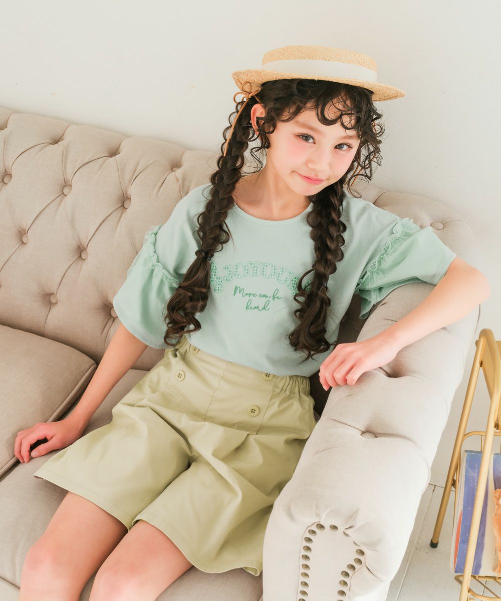 子供服 女の子 ロゴアップリケ チュール 半袖 Tシャツ グリーン(08) モデル画像