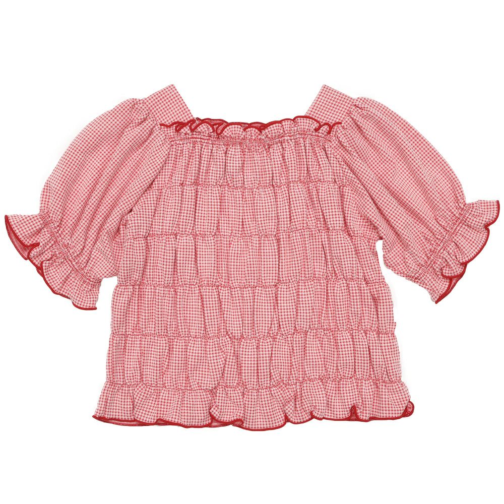 子供服 女の子 ギンガムチェック シャーリング フリル Tシャツ レッド(03) 正面