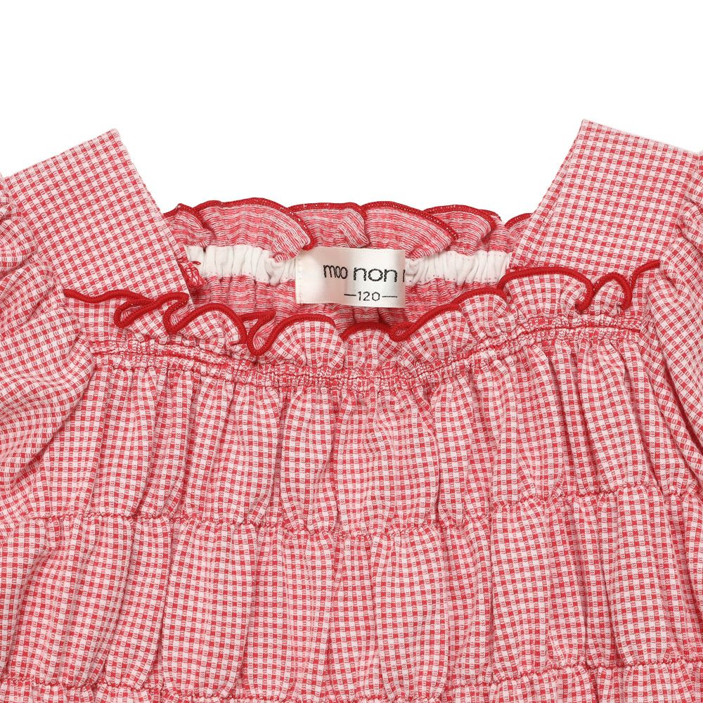 子供服 女の子 ギンガムチェック シャーリング フリル Tシャツ レッド(03) デザインポイント1