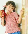 子供服 女の子 ギンガムチェック シャーリング フリル Tシャツ レッド(03) モデル画像全身