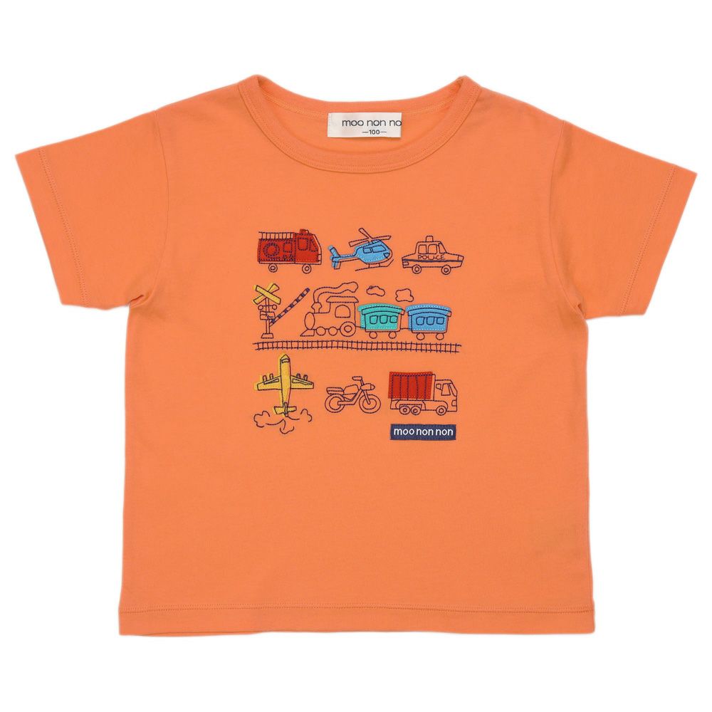 ベビー服 男の子 手書き風 刺繍 乗り物 Tシャツ オレンジ(07) 正面