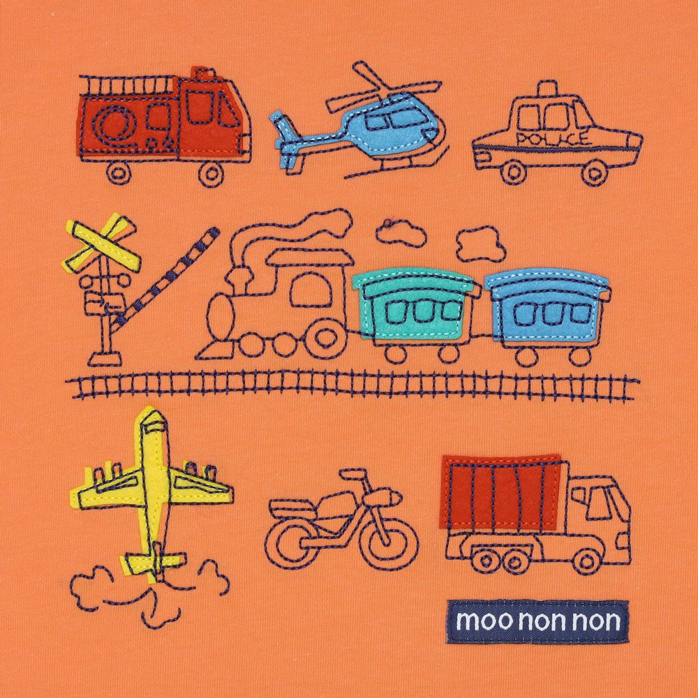 ベビー服 男の子 手書き風 刺繍 乗り物 Tシャツ オレンジ(07) デザインポイント1
