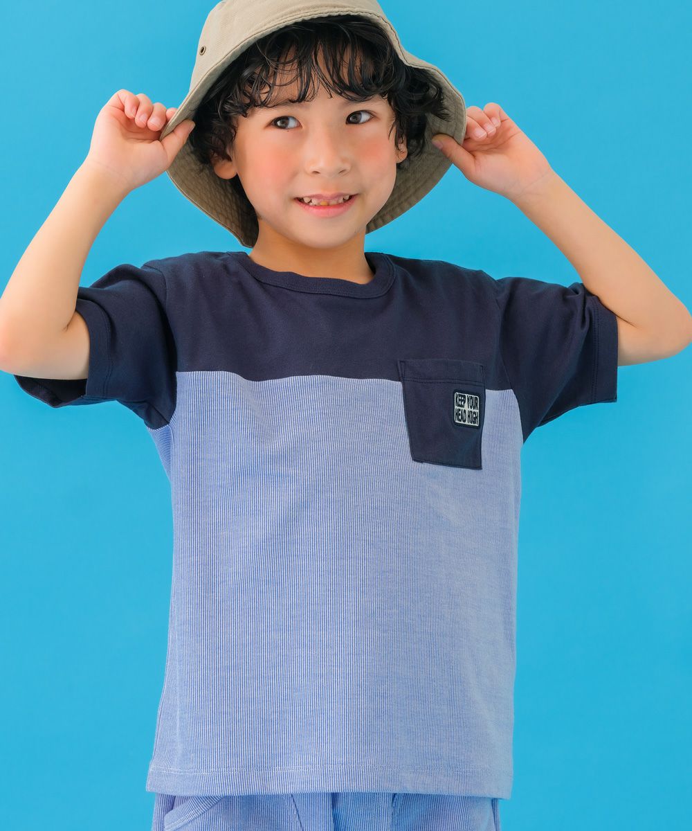 子供服 男の子 バイカラー ストライプ アップリケ Tシャツ