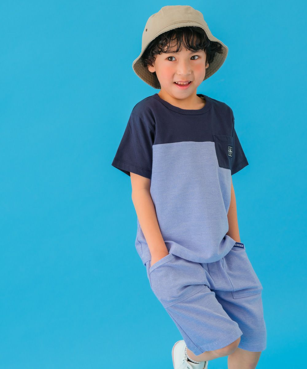 子供服 男の子 バイカラー ストライプ アップリケ Tシャツ ブルー(61) モデル画像1