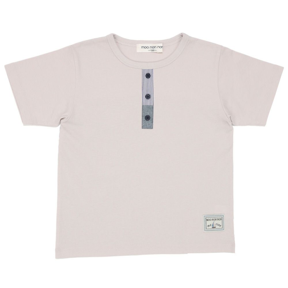 子供服 男の子 切り替え ストライプ 飾りボタン Tシャツ ベージュ(51) 正面