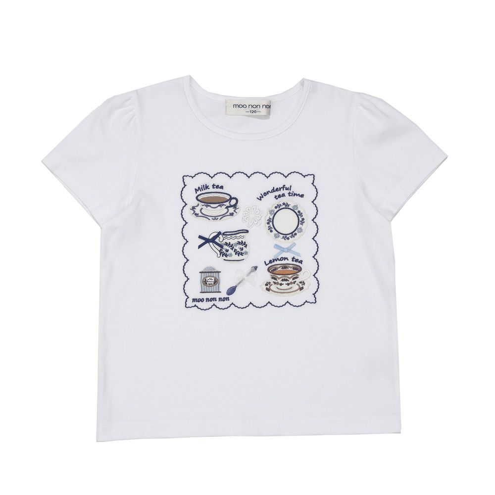 子供服 女の子 刺繍 ＆ アップリケ ティーカップ 半袖Tシャツ オフホワイト(11) 正面