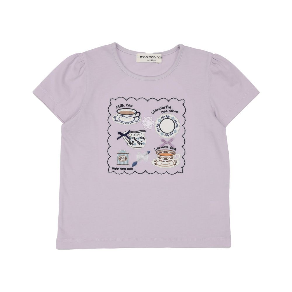 子供服 女の子 刺繍 ＆ アップリケ ティーカップ 半袖Tシャツ パープル(91) 正面