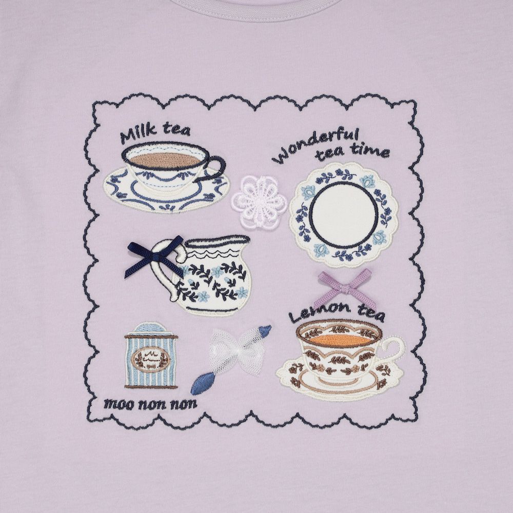子供服 女の子 刺繍 ＆ アップリケ ティーカップ 半袖Tシャツ パープル(91) デザインポイント1