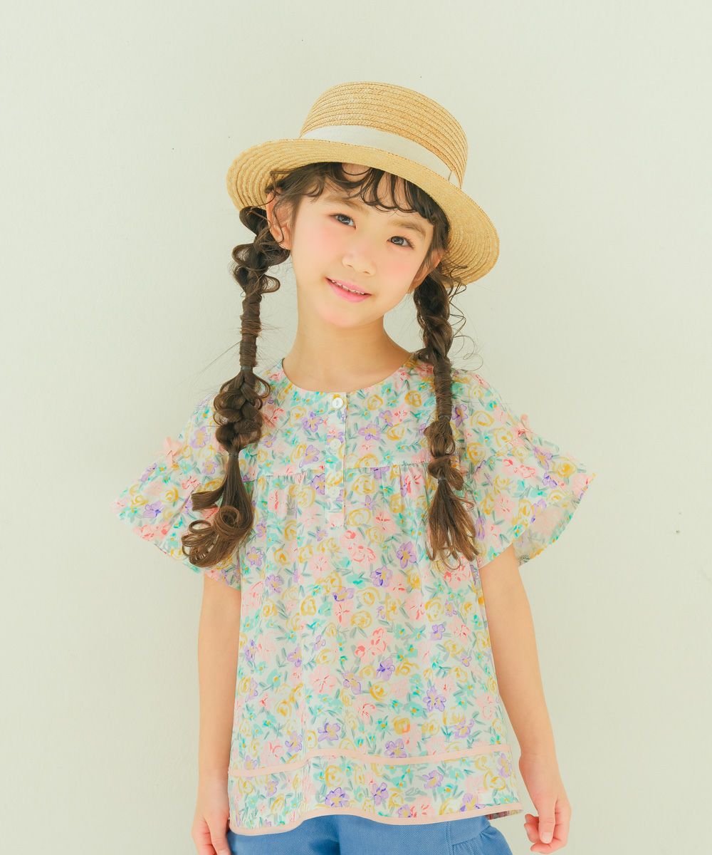ベビー服 女の子 綿100％ 花柄 リボン付き袖 ブラウス ピンク(02) モデル画像1