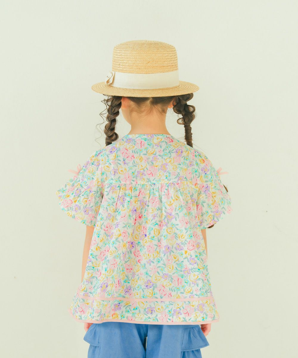 ベビー服 女の子 綿100％ 花柄 リボン付き袖 ブラウス ピンク(02) モデル画像2
