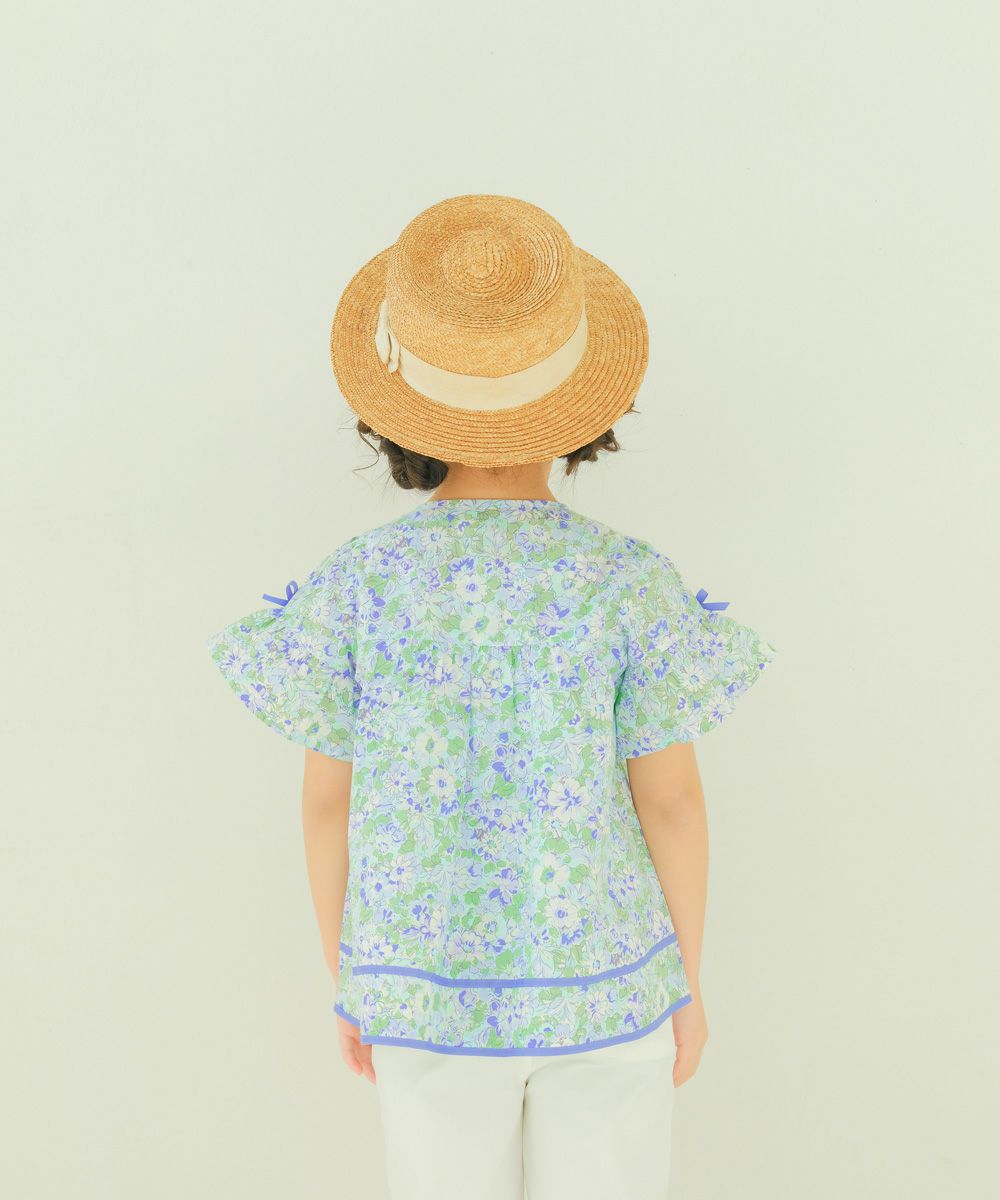 ベビー服 女の子 綿100％ 花柄 リボン付き袖 ブラウス ブルー(61) モデル画像2