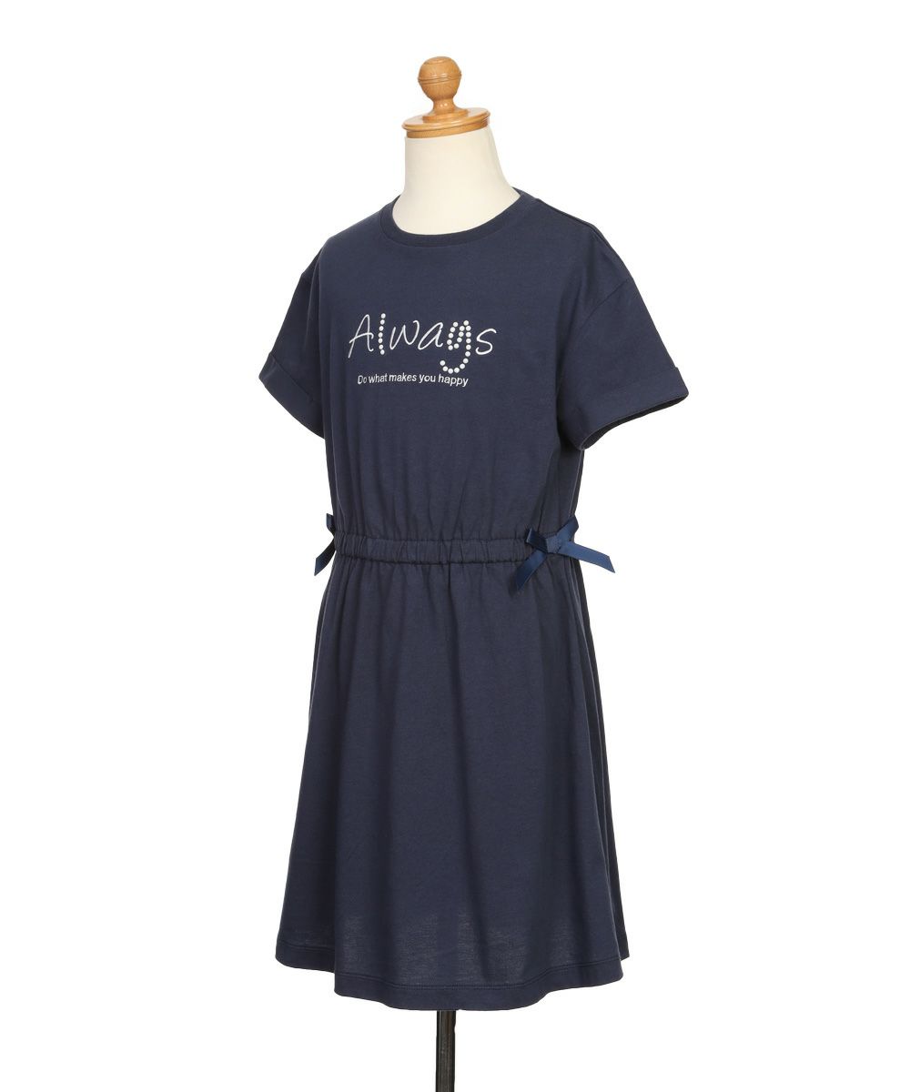 子供服 女の子 ゴムウエスト 袖折り返し ワンピース ネイビー(06) トルソー斜め