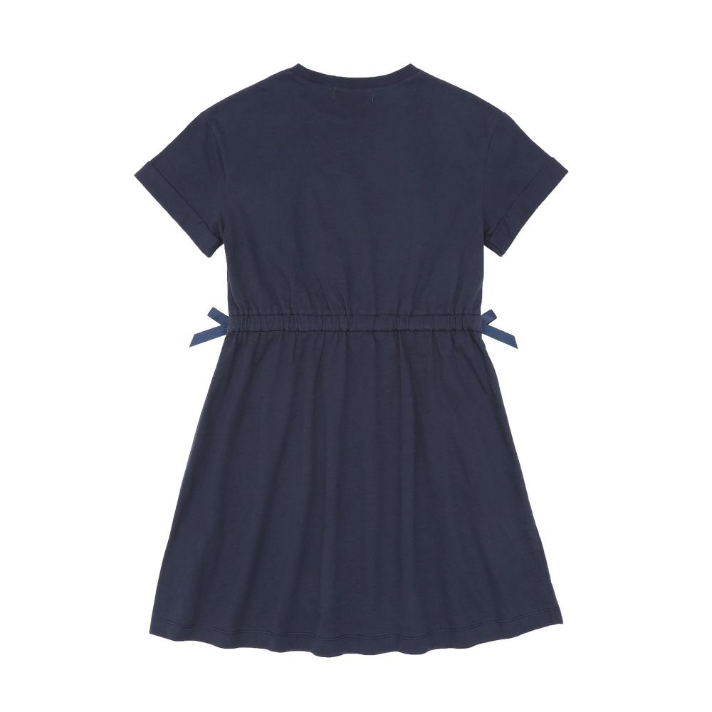 子供服 女の子 ゴムウエスト 袖折り返し ワンピース ネイビー(06) 背面