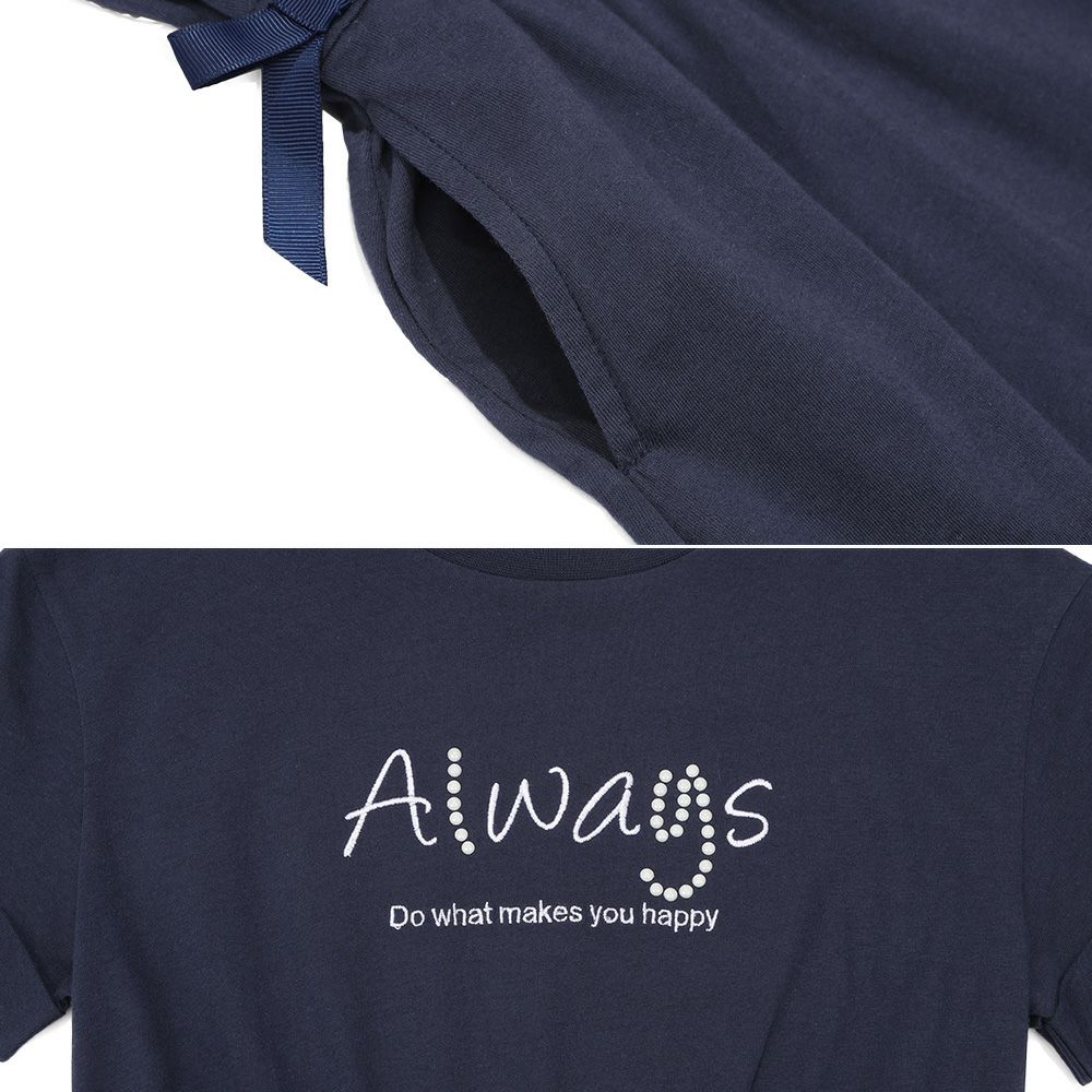 子供服 女の子 ゴムウエスト 袖折り返し ワンピース ネイビー(06) デザインポイント1