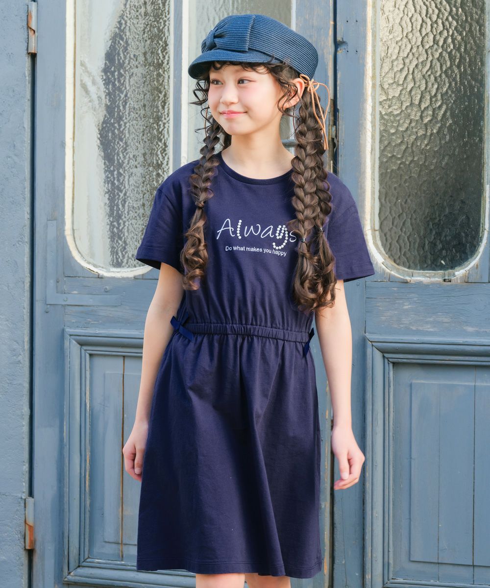 子供服 女の子 ゴムウエスト 袖折り返し ワンピース ネイビー(06)モデル画像 
