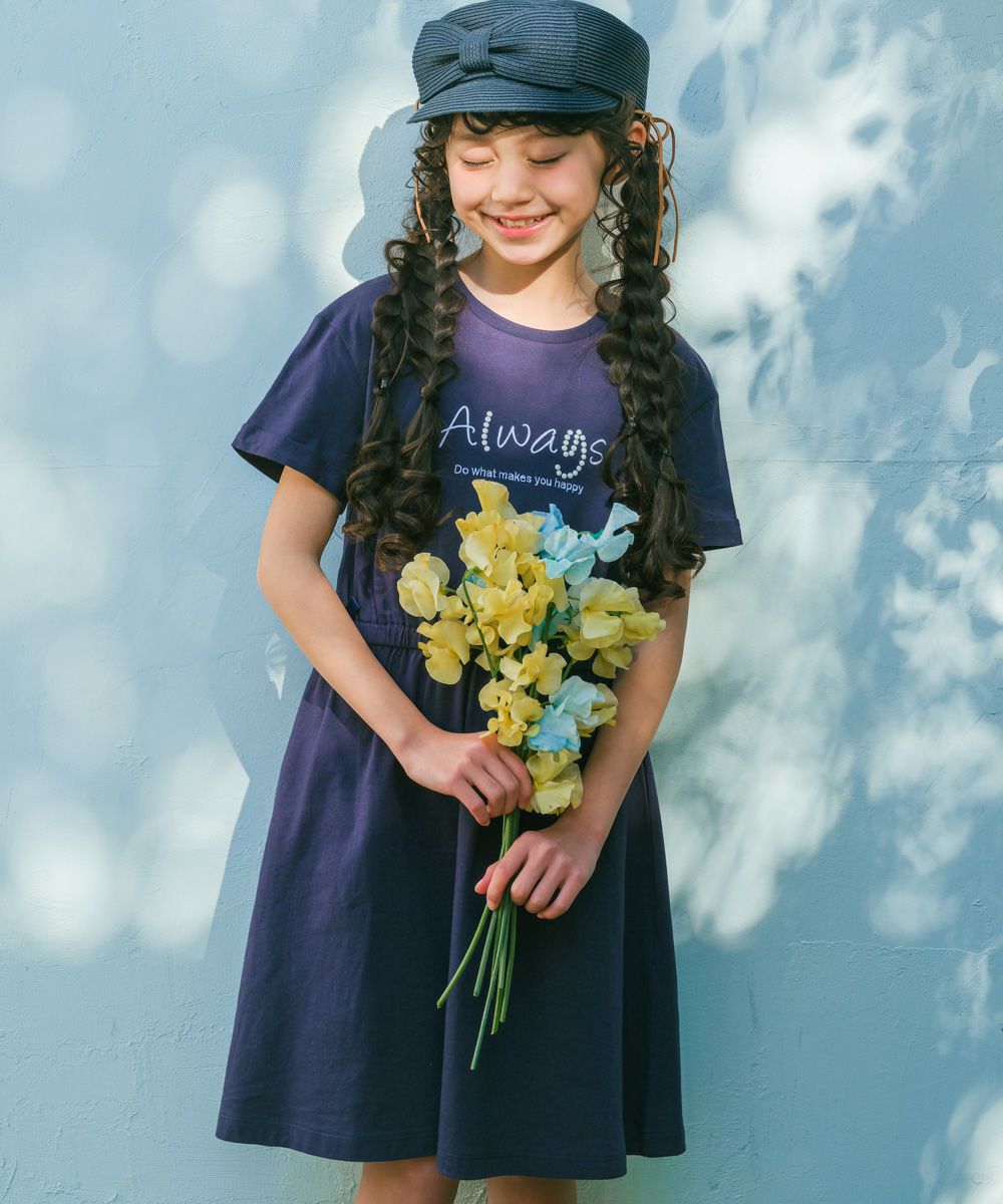 子供服 女の子 ゴムウエスト 袖折り返し ワンピース ネイビー(06)モデル画像 