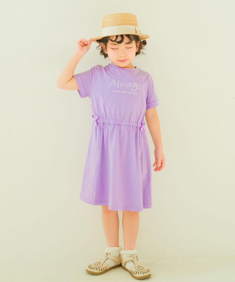 子供服 女の子 ゴムウエスト 袖折り返し ワンピース パープル(91) モデル画像アップ