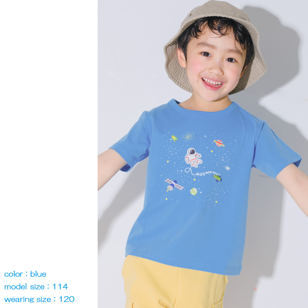 ベビー服 男の子 綿100％ 宇宙 刺繍 半袖 Tシャツ ネイビー(06) モデル画像アップ