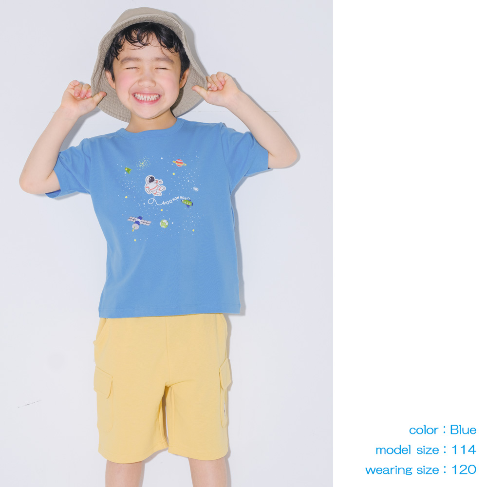 ベビー服 男の子 綿100％ 宇宙 刺繍 半袖 Tシャツ ネイビー(06) モデル画像全身